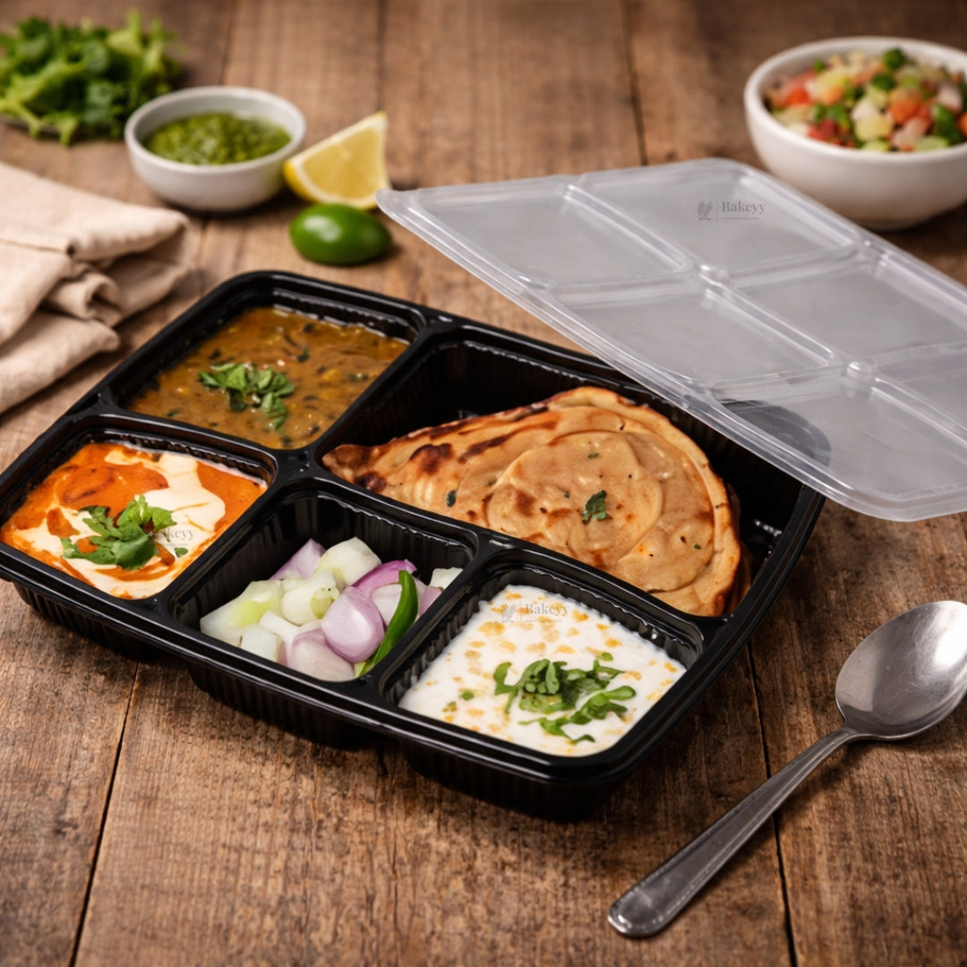 5 Compartment Plastic Meal Tray with Lid | Black Disposable Food Packaging Container for Takeaway, Catering & Meal Prep | Pack of 25