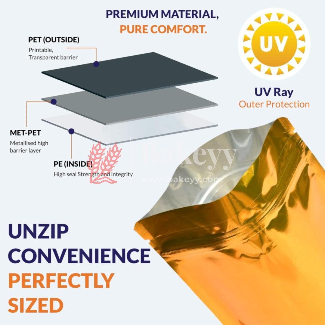 Zip Lock Pouch | Gold Pouch Without Window | Customized Printing - Bakeyy.com - India - Zip Lock Pouch | Gold Pouch Without Window | Customized Printing - Pack of 1000 / 10x17 CM - 100 gm