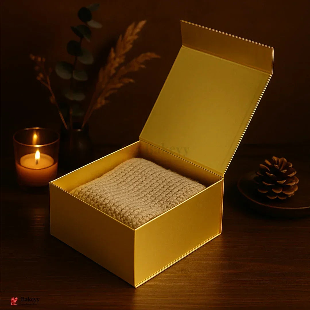 Premium Gold Collapsible Hamper Box with Magnetic Lid | Pack of 1 - Bakeyy.com - India - Premium Gold Collapsible Hamper Box with Magnetic Lid | Pack of 1 - 8x8x4 Inch
