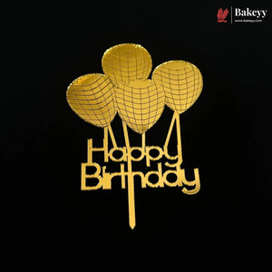 Gold Happy Birthday cake topper with balloon design on a black background, featuring the Bakeey brand logo in the top right corner.