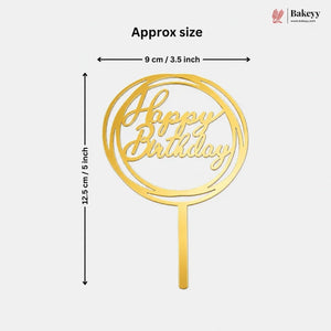 Gold-colored metal 'Happy Birthday' cake topper with dimension annotations showing its height of 12.5 cm (5 inches) and width of 9 cm (3.