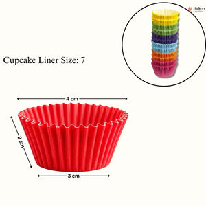 Red cupcake liner with measurements and an inset of colorful cupcake liners.