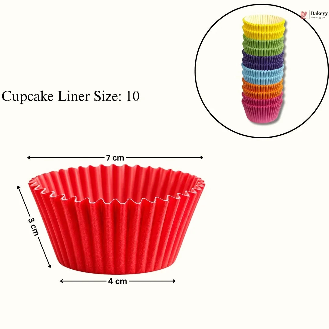 Red cupcake liner with measurements and an inset of colorful cupcake liners.