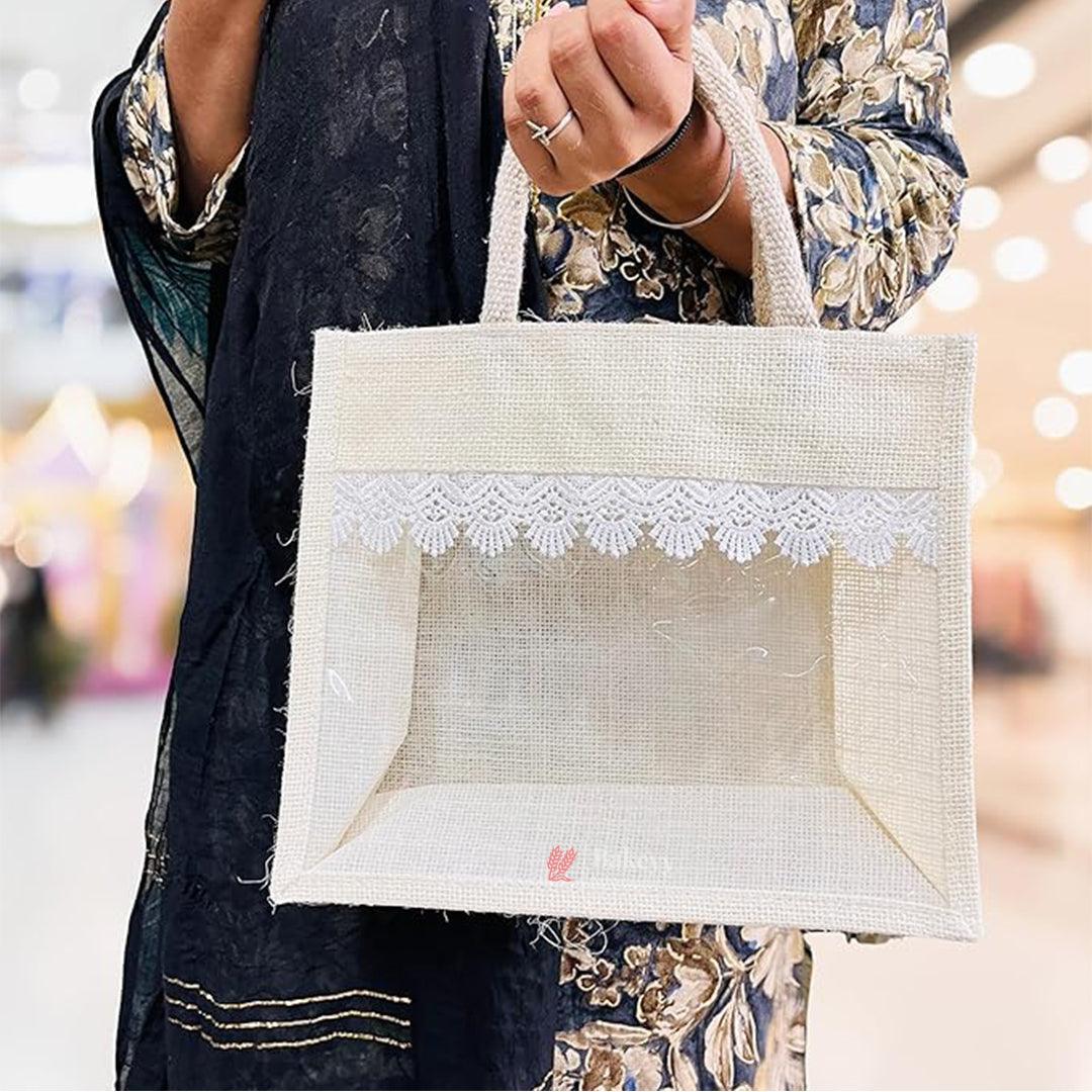 35x30x13cm | Large |Transparent Window Jute Gift Bag with Lace Design – Ideal for Gifting & Display | 1pcc - Bakeyy.com - India - 35x30x13cm | Large |Transparent Window Jute Gift Bag with Lace Design – Ideal for Gifting & Display | 1pcc - Default Title