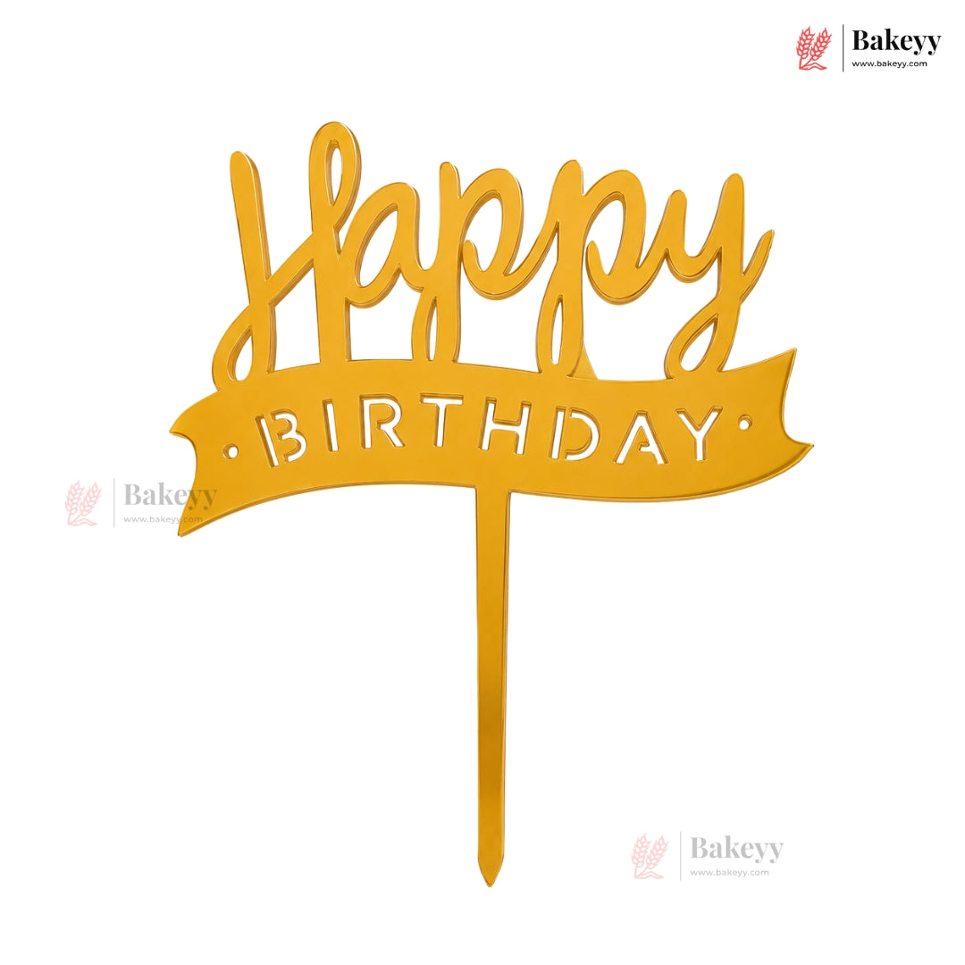 Yellow 'Happy Birthday' cake topper on a white background