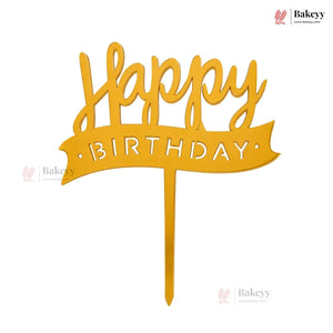 Yellow 'Happy Birthday' cake topper on a white background