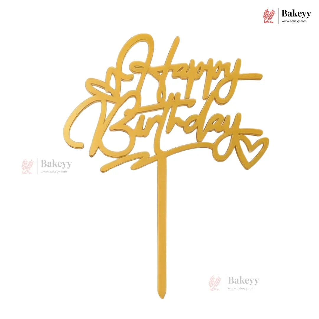 Gold 'Happy Birthday' cake topper on a white background with Bakeyy branding.