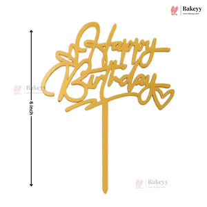 Gold 'Happy Birthday' cake topper with measurement on a white background