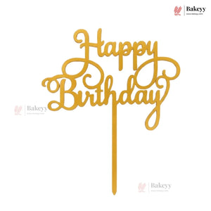 Gold 'Happy Birthday' cake topper on a white background with Bakeyy branding.