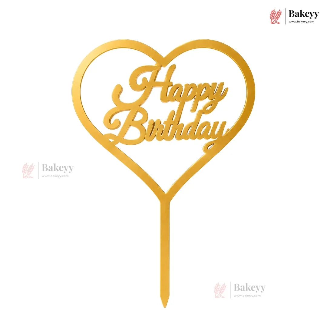 Gold heart-shaped 'Happy Birthday' cake topper on a white background with Bakeyy branding.