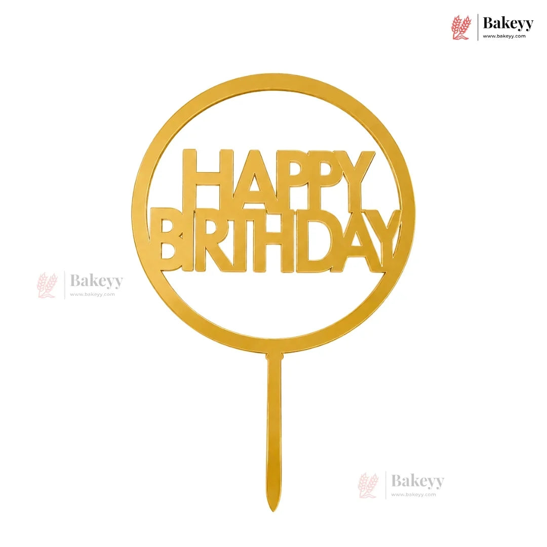Gold 'Happy Birthday' cake topper on a white background with Bakeyy branding.