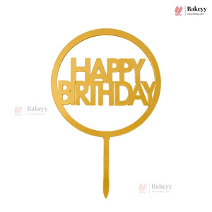 Gold 'Happy Birthday' cake topper on a white background with Bakeyy branding.