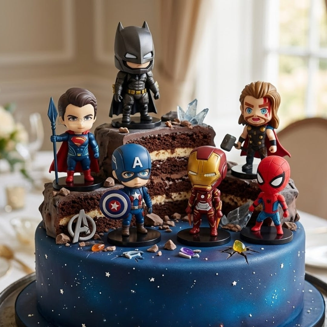 6 Pc Superhero Theme Doll Cake Topper Set | Avengers Style Figures | Party Decoration | Pack of 1