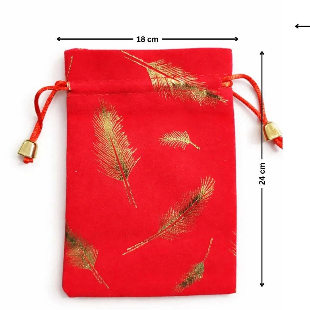 Premium Velvet Potli Bags for Gifting & Packaging l gold feather print Potil Bags l Pack of 10 - Bakeyy.com - India - Premium Velvet Potli Bags for Gifting & Packaging l gold feather print Potil Bags l Pack of 10 - Red / 18x24 370.00