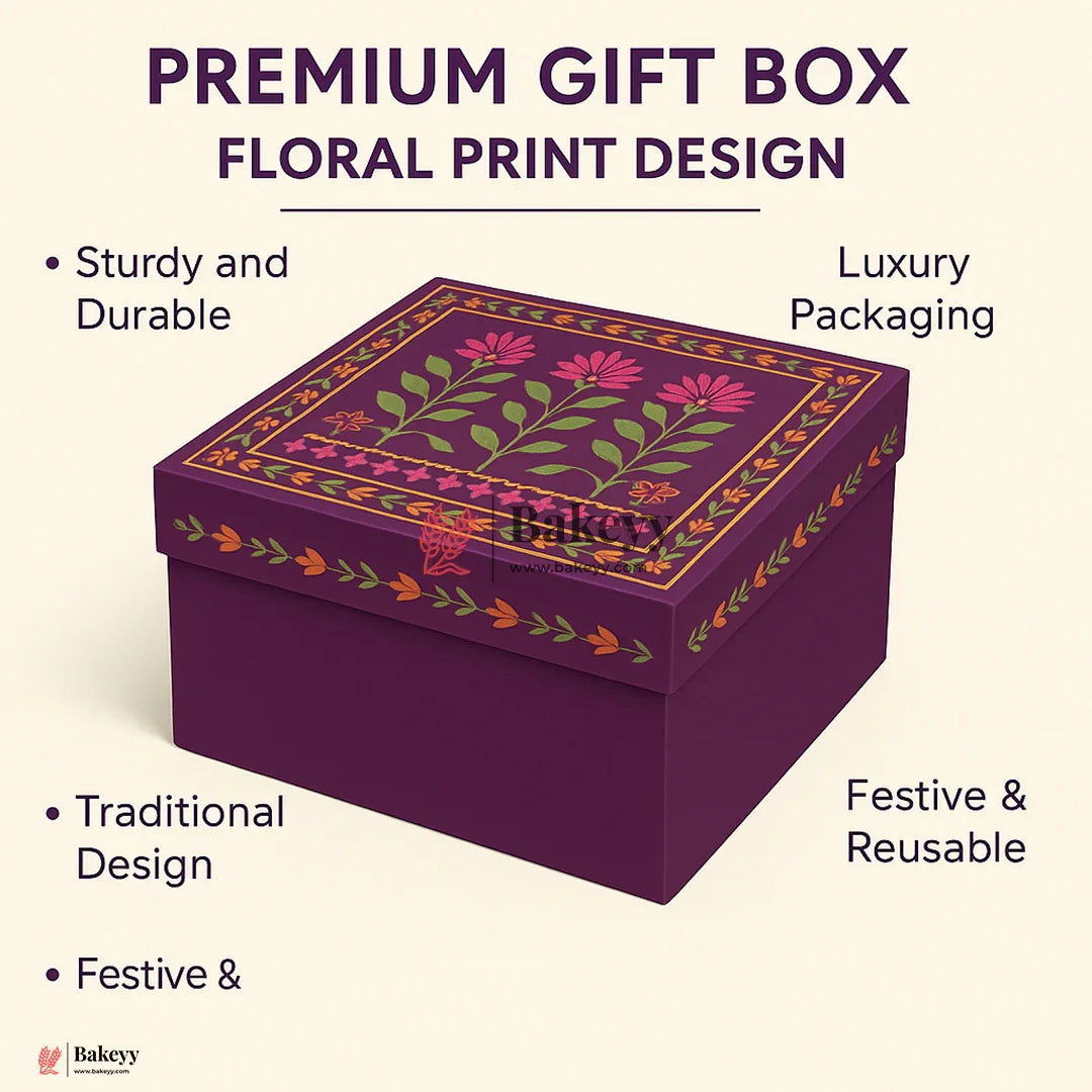 Floral Printed Premium Square Gift Box – Purple | Reusable Rigid Hamper Packaging | Pack Of 1