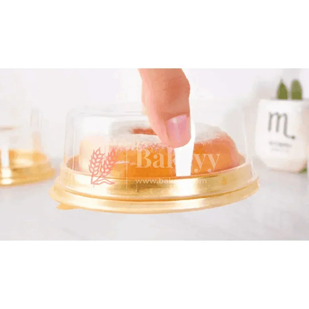 Bento Cake Container || Round Golden Plastic Cake Container with Clear Dome Lid || Individual Pastry Container|| - Bakeyy.com - India - Bento Cake Container || Round Golden Plastic Cake Container with Clear Dome Lid || Individual Pastry Container|| - Gold / Pack of 50
