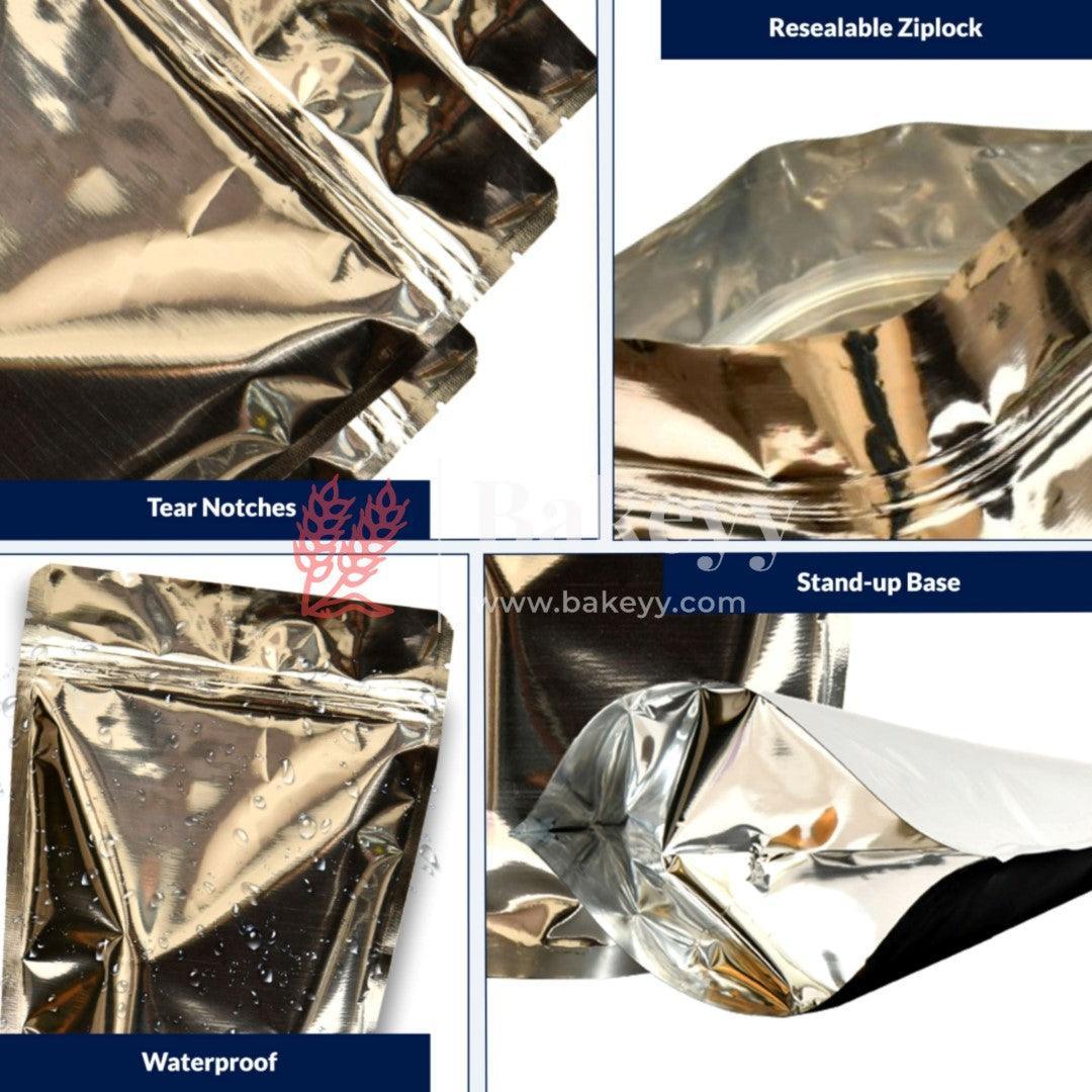 Zip Lock Pouch | Silver Pouch Without Window | Customized Printing - Bakeyy.com - India - Zip Lock Pouch | Silver Pouch Without Window | Customized Printing - Pack of 1000 / 10x17 CM - 100 gm