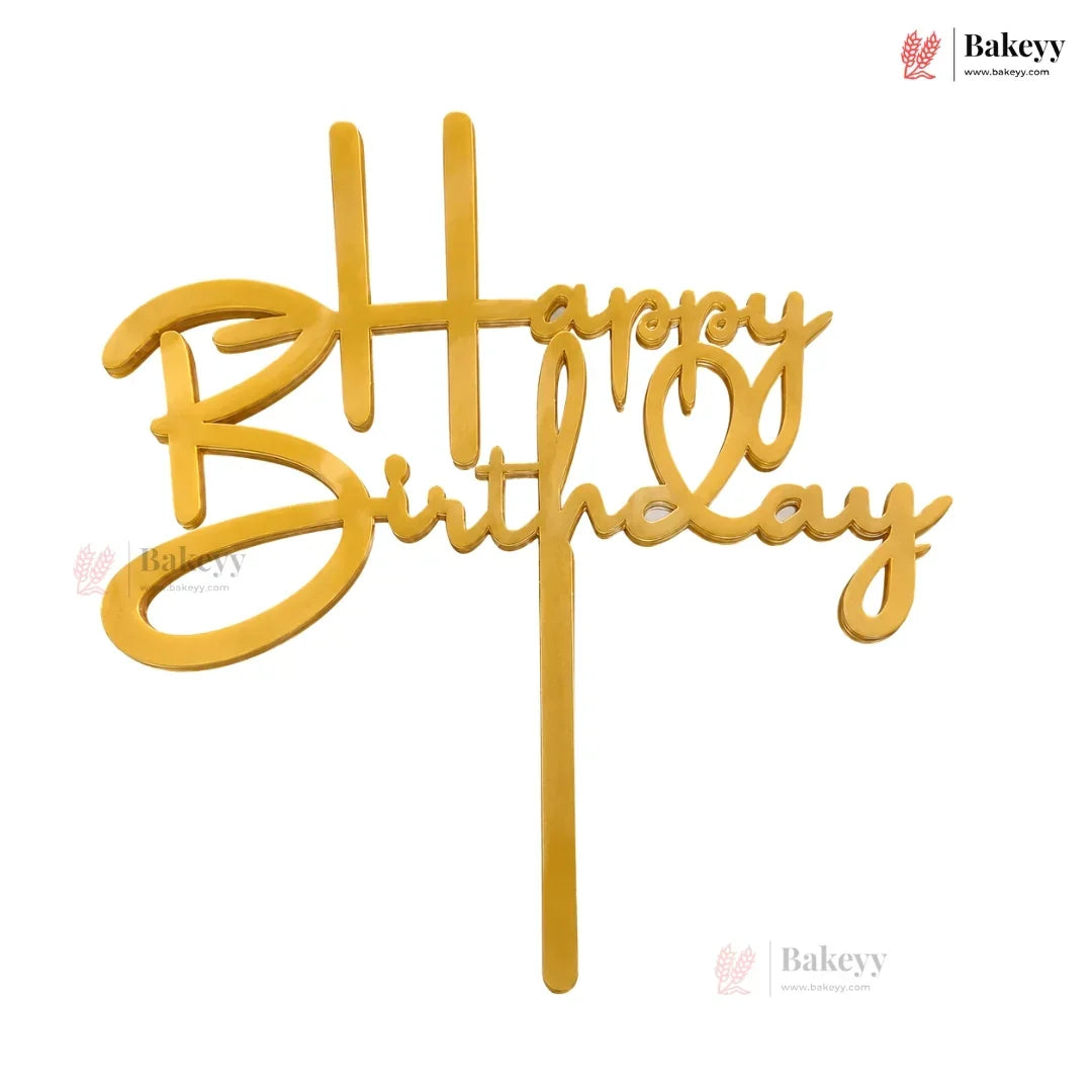 Gold 'Happy Birthday' cake topper on a white background with 'Bakeyy' branding.
