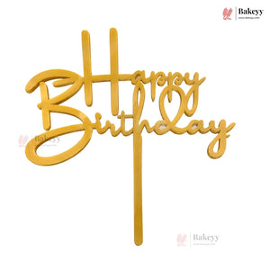 Gold 'Happy Birthday' cake topper on a white background with 'Bakeyy' branding.