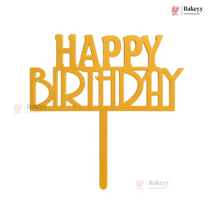 Gold 'Happy Birthday' cake topper on a white background with Bakeyy branding.