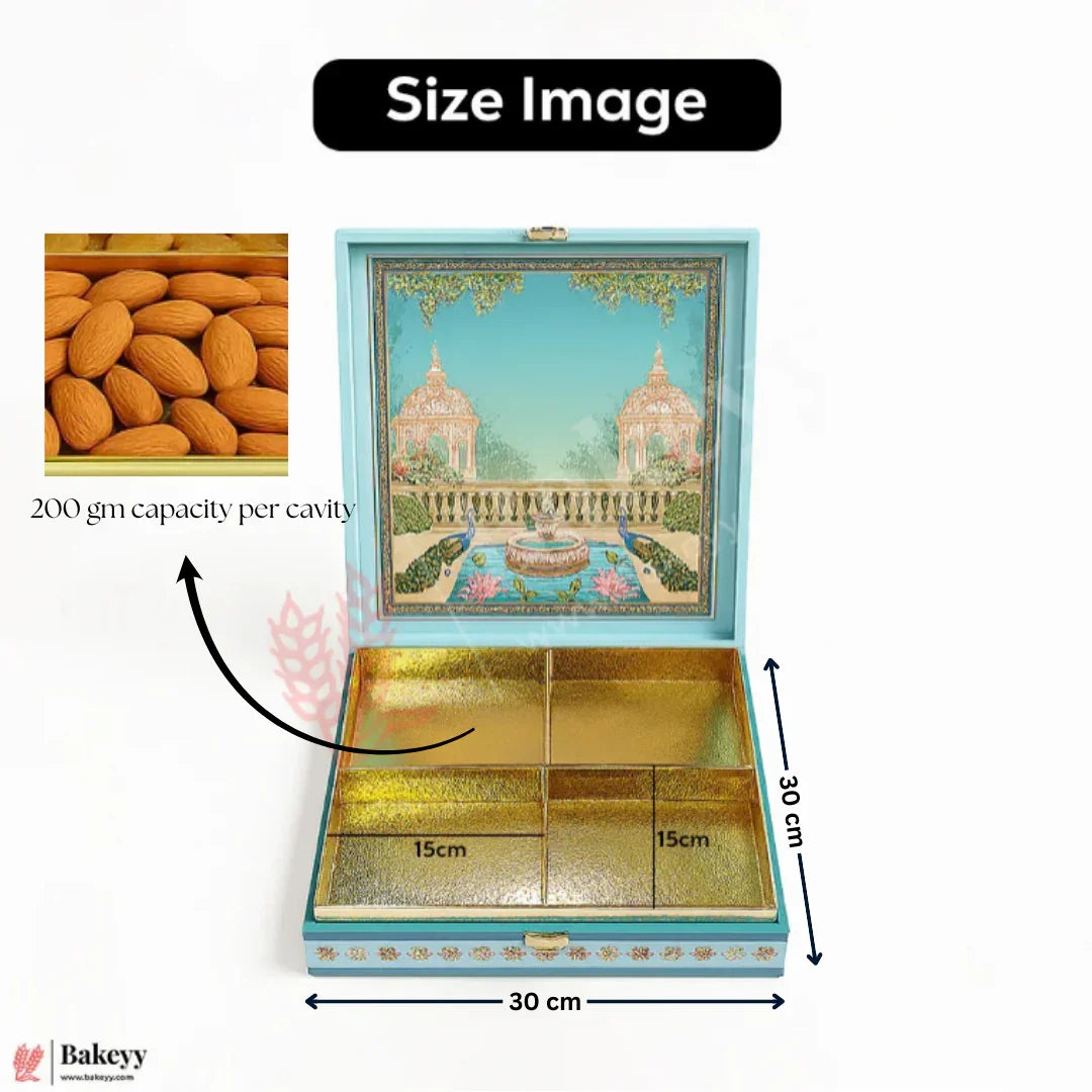 Premium Peacock Garden MDF Dry Fruit & Chocolate Gift Box | Pack of 1 - Bakeyy.com - India - Premium Peacock Garden MDF Dry Fruit & Chocolate Gift Box | Pack of 1 - 800 gm Square