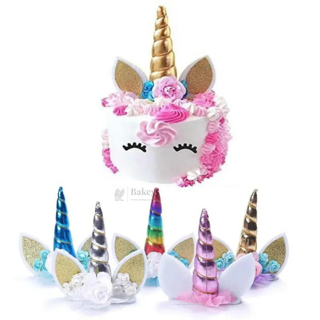 6 inch | Unicorn Horn Cake Topper with Glitter Ears & Flowers | Kids Birthday Cake Decoration (Multiple Colors) | Pack of 1 - Bakeyy.com - India - 6 inch | Unicorn Horn Cake Topper with Glitter Ears & Flowers | Kids Birthday Cake Decoration (Multiple Colors) | Pack of 1 - Gold 84.00