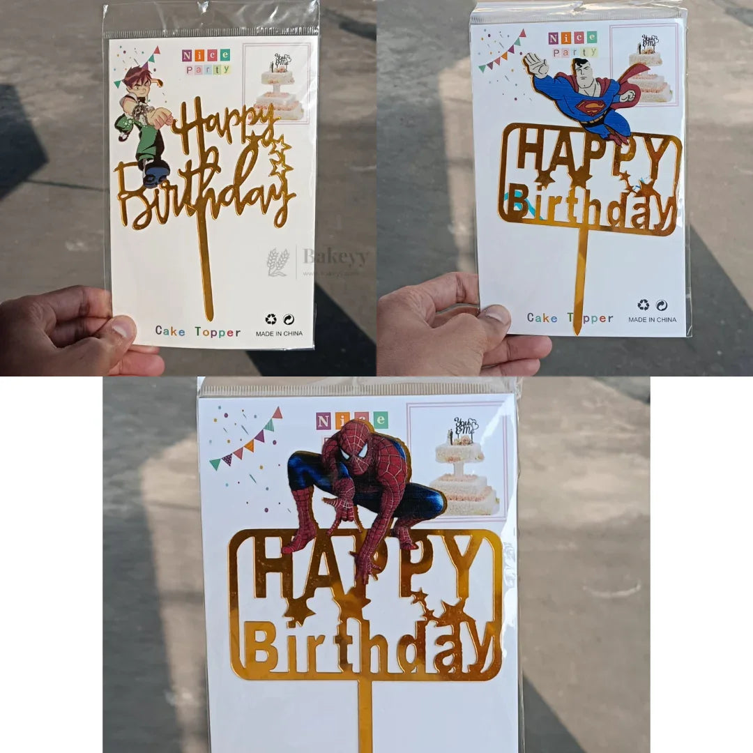 6 inch | Golden Cartoon Happy Birthday Cake Topper for Kids Birthday Party | Cartoon & Superhero Theme Cake Decoration | Pack of 5
