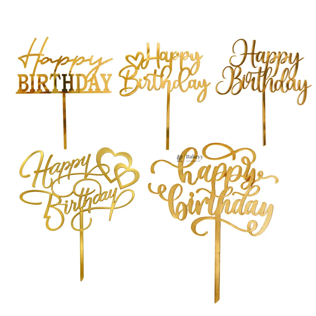 6 Inch Happy Birthday Acrylic Cake Topper | Assorted Designs | 6 Inch Size | Pack of 5
