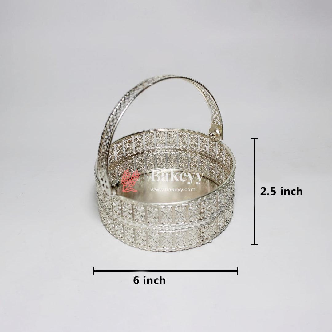 Elegant Silver Plated Metal Basket |Premium Gifting & Serving Accessory| for Weddings, Festivals & Special Occasions - Bakeyy.com - India - Elegant Silver Plated Metal Basket |Premium Gifting & Serving Accessory| for Weddings, Festivals & Special Occasions - 6 inch