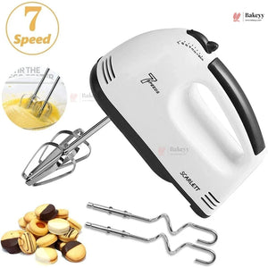Hand mixer with attachments on a white background, featuring the brand 'Scarlett'.