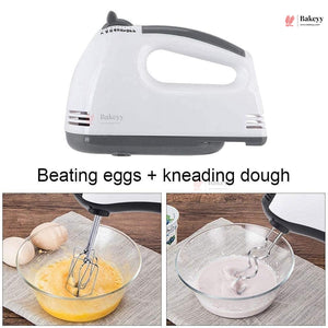 Hand mixer with text indicating its use for beating eggs and kneading dough, branded 'Bakery'.