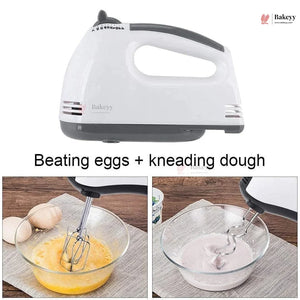 Hand mixer with text indicating its use for beating eggs and kneading dough, branded 'Bakery'.