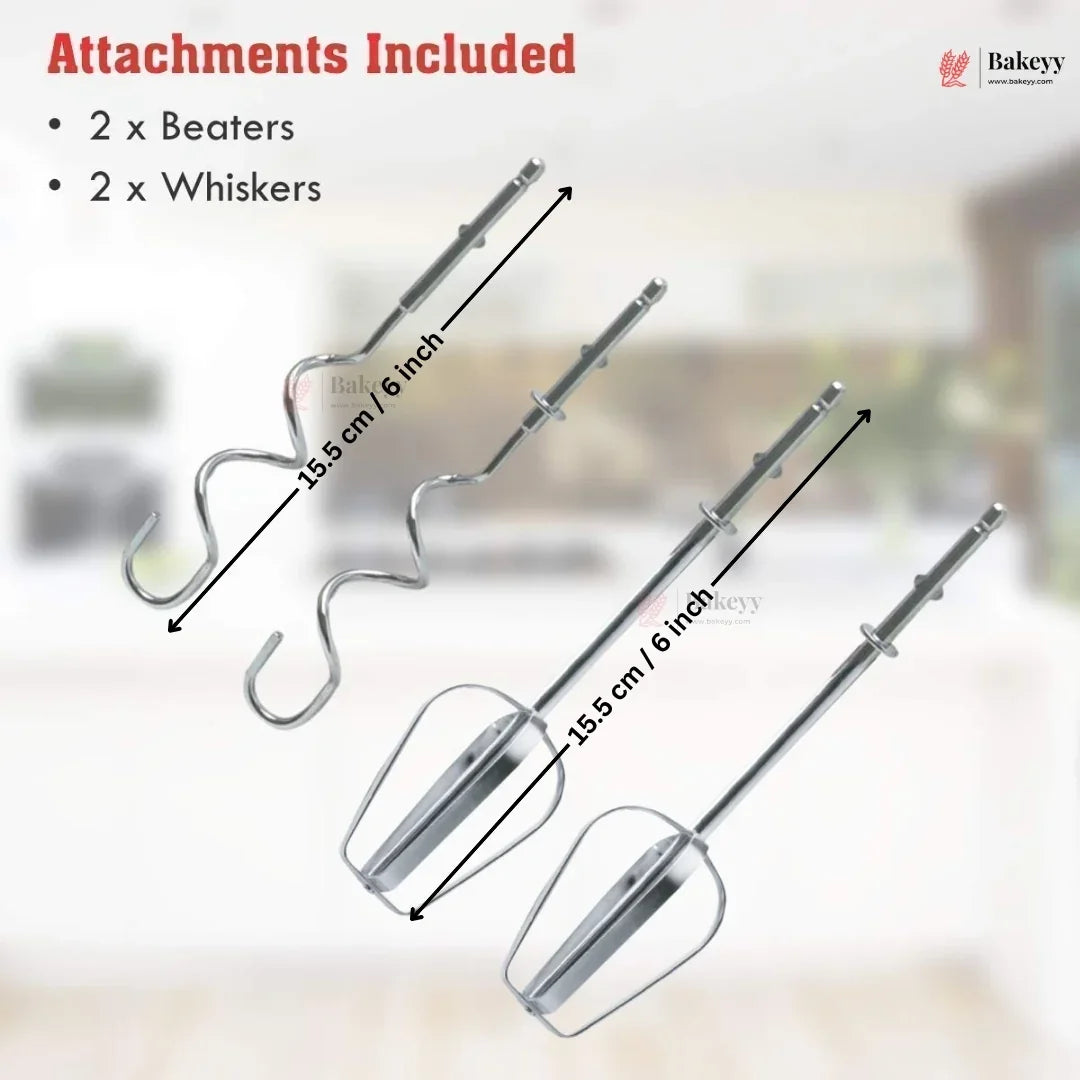 Hand mixer attachments with measurements and Bakeey branding on a blurred background