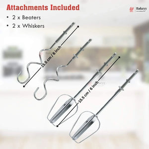 Hand mixer attachments with measurements and Bakeey branding on a blurred background