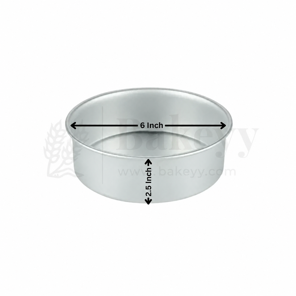 Aluminum cake pan with dimensions labeled on a white background