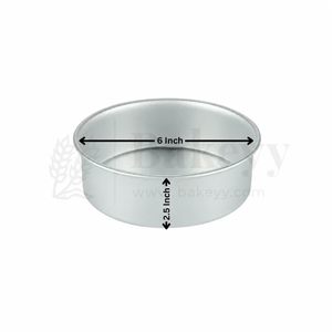 Aluminum cake pan with dimensions labeled on a white background