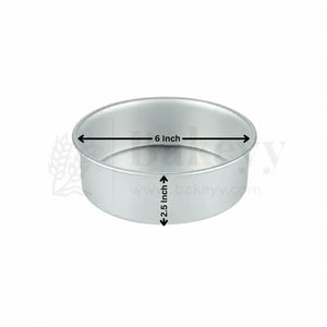 Aluminum cake pan with dimensions labeled on a white background