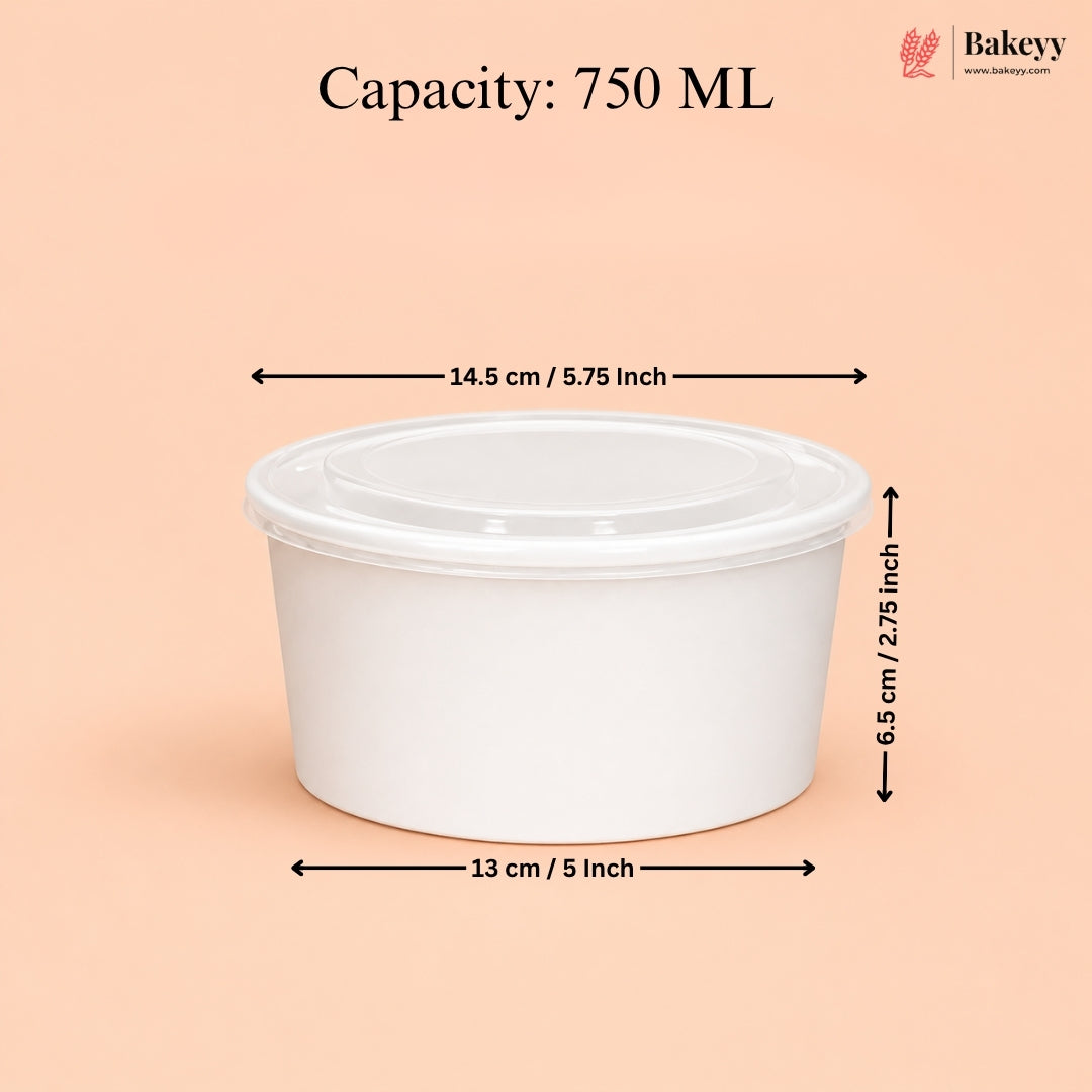 White container with measurements and capacity details on a peach background