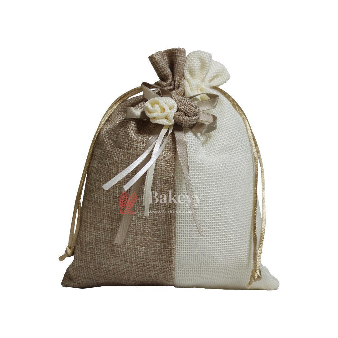 Natural & Cream Dual Colour Jute Potli Bag with Floral Accent | Traditional Potli Bag | Pack of 10