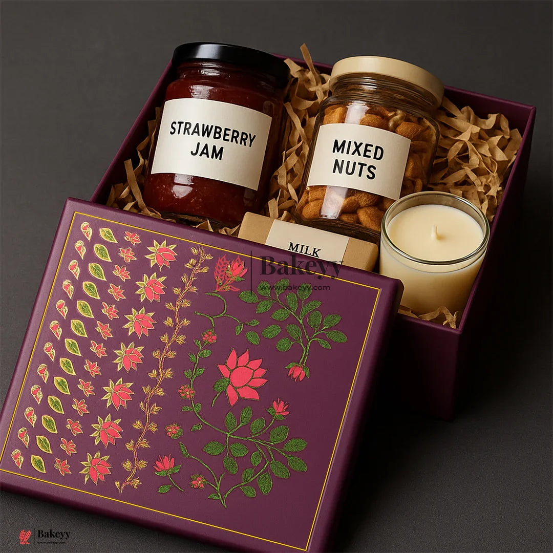 Floral Printed Premium Square Gift Box – Purple | Reusable Rigid Hamper Packaging | Pack Of 1