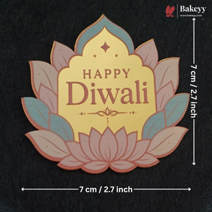 A decorative Diwali plaque or sticker with a lotus flower design and the words “HAPPY Diwali” in the center, shown on a dark background with measurement arrows indicating 7 cm by 7 cm. The Bakeey logo appears in the top right corner.