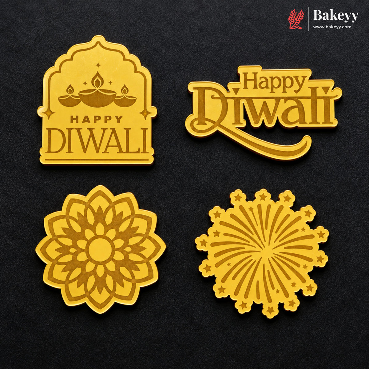 Four gold-colored Diwali-themed decorative designs on a dark textured background: an arched lamp design with 'Happy Diwali' text, a 'Happy Diwali' script badge, a circular floral mandala, and a fireworks burst. Bakeyy logo appears in the top right.