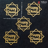 Five gold-colored laser-cut Diwali decorations with 'Happy Diwali' text inside geometric diamond frames, displayed on a dark textured background with dimension arrows indicating 6 cm by 2.3 inch measurements.