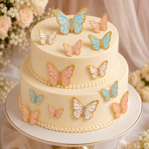 Two-tier cake with butterfly decorations on a stand with flowers in the background