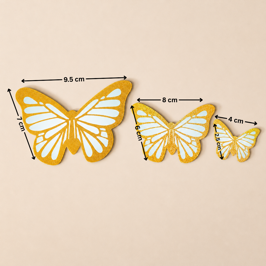 Three butterfly-shaped decorations with measurements on a beige background