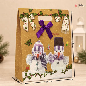 Decorative gift bag with snowmen design and measurements on a neutral background