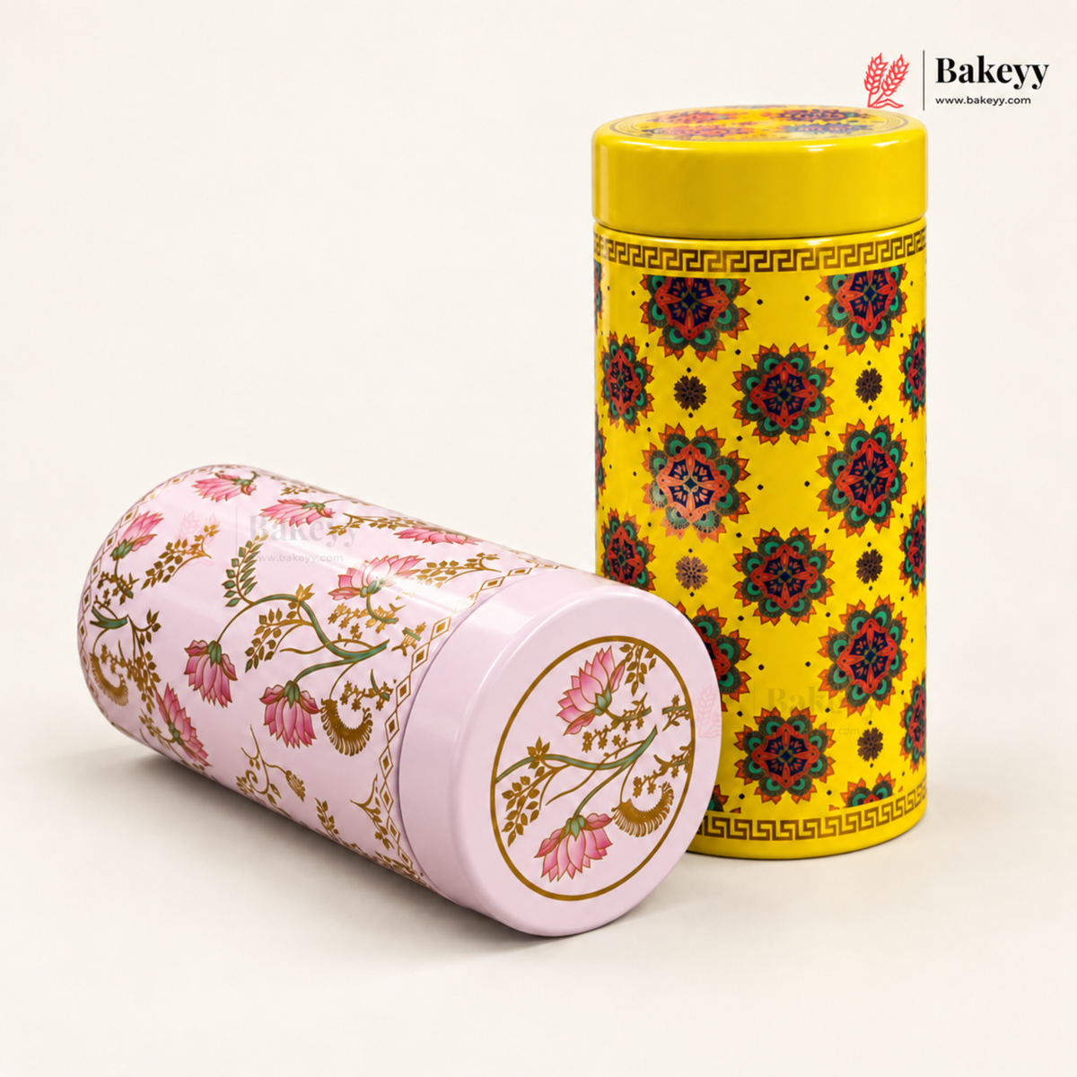 7×15 cm | Printed Round Tin Box with Lid | 2 Designs | Pack of 4
