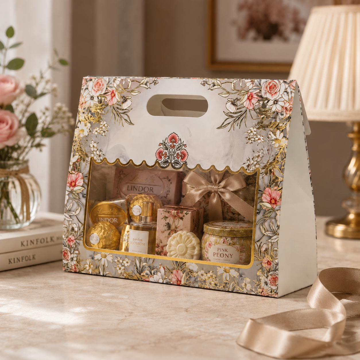A floral gift box set on a marble table, featuring a white and gold patterned gift bag with a clear window displaying assorted chocolates, a Lindor box, and a jar of macaroon, styled with a ribbon and surrounded by soft home decor.