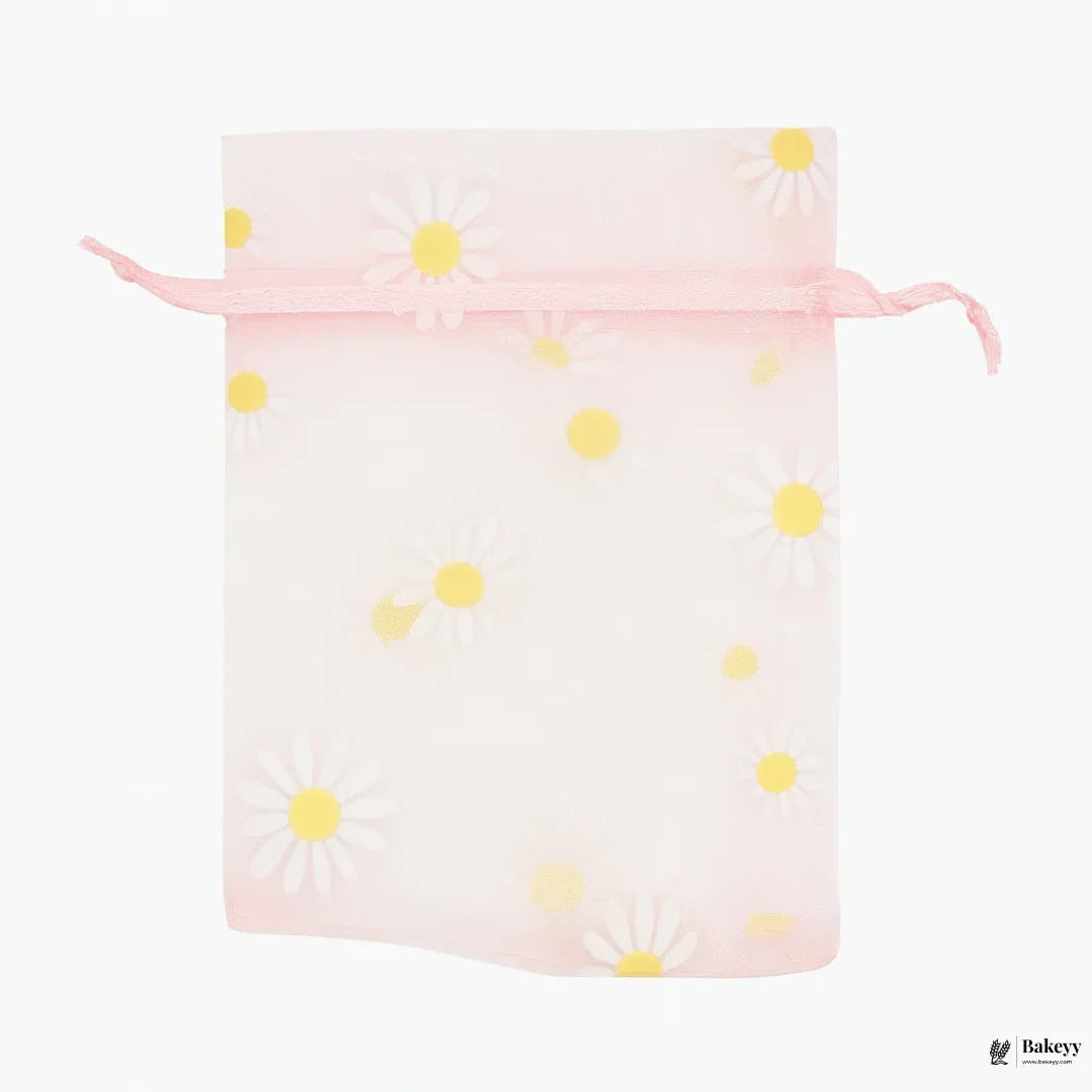 10x14 CM | Pink With Big White Flowers Dot Organza Potli Bags | Pack of 100