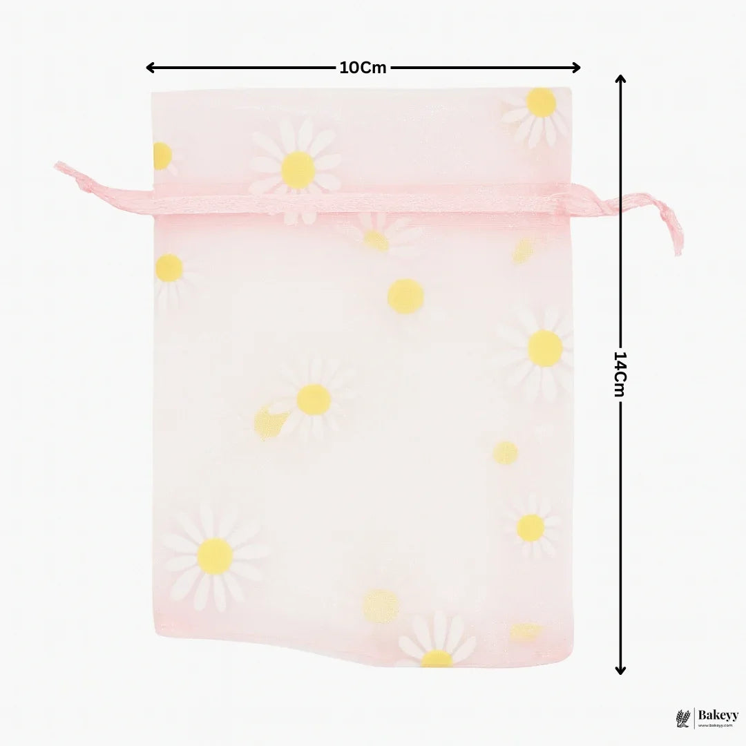 10x14 CM | Pink With Big White Flowers Dot Organza Potli Bags | Pack of 100